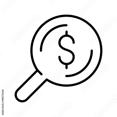 Money search icon. Business and financial research line symbol. Black and white.