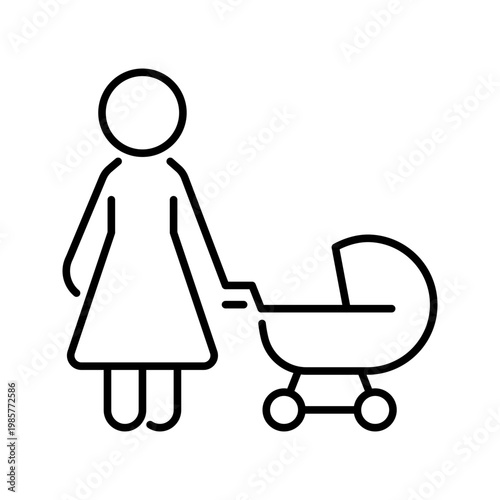 Mother stroller icon. Lifestyle and parenting line symbol. Black and white.