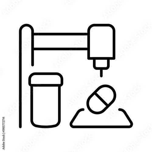Pill printing icon. Healthcare and pharmaceutical manufacturing line symbol. Black and white.