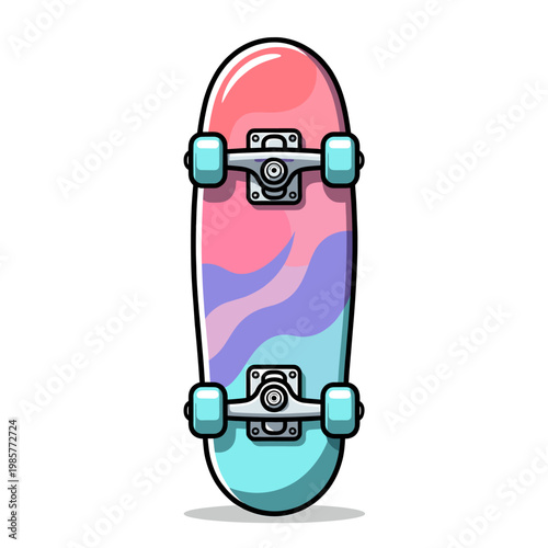 A vibrant skateboard featuring a pink, purple, and blue wavy design on a white background.
