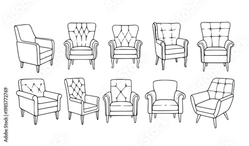 Hand drawn armchair sketch vector set black and white furniture collection