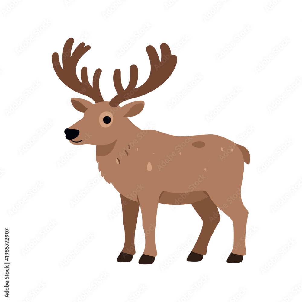 Fototapeta premium A cartoon-style caribou with brown fur, dark hooves, and large antlers stands against a white backdrop in a vector illustration.