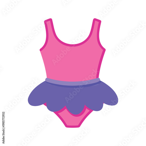 This leotard features a pink top and bottom section with a purple skirt and is commonly worn during ballet practice.