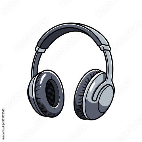 A stylized illustration of over-ear headphones in shades of grey, featuring a minimalist design with a clean outline.