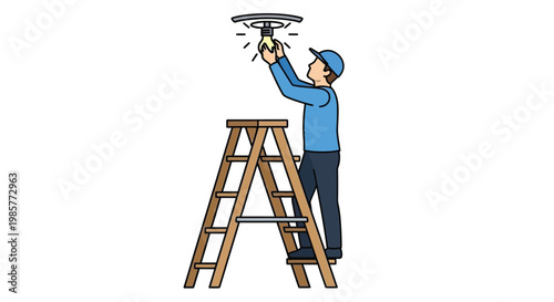An electrician on a ladder is installing or repairing a ceiling light fixture