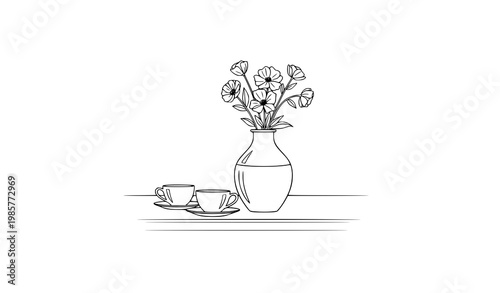 Table with tea cups and vase line art vector illustration on white background