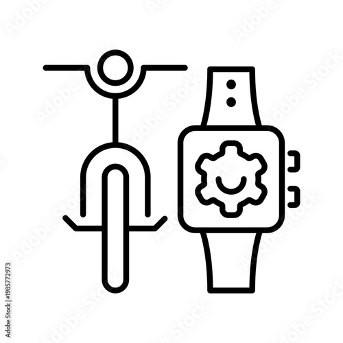 Smart watch sync icon. Industry and bike sharing line symbol. Black and white.
