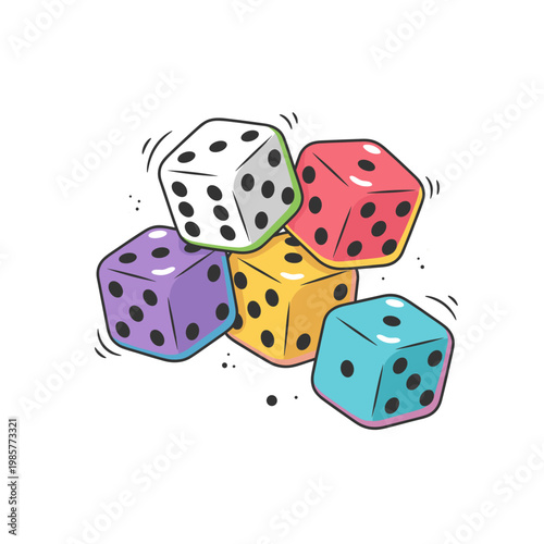A vibrant illustration of a pile of colorful dice, featuring various shades like red, purple, yellow, and blue, with black dots indicating numbers.
