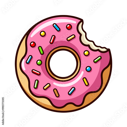 A vibrant, cartoon-style illustration of a bitten donut with pink icing and colorful sprinkles, set against a clean white background.