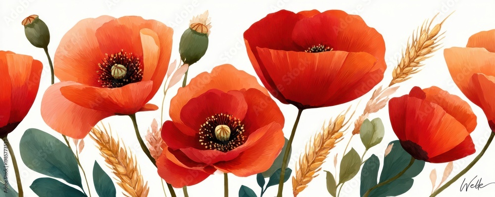 Naklejka premium Watercolor painting of red poppies and golden wheat on a white background, botanical floral art