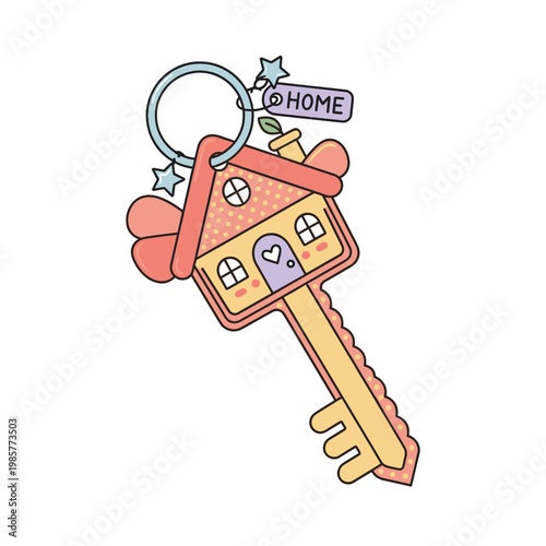 A cartoon illustration of a house-shaped key on a keychain, with a tag that says "HOME".