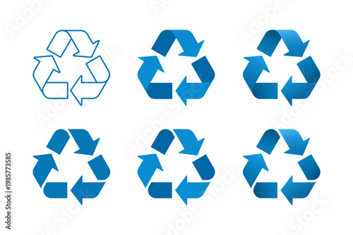 Blue eco recycle symbol paper waste, triangle triple arrow for waste sorting, outline, flat, 3D effect. Vector