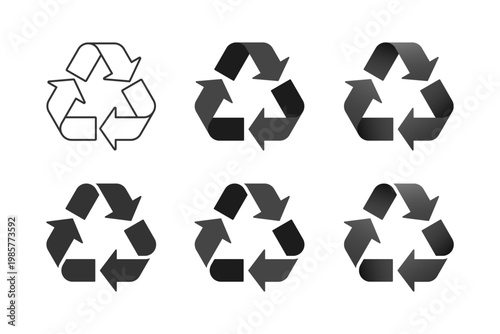 Black eco recycle symbol e-waste, triangle triple arrow for waste sorting, outline, flat, 3D effect. Vector