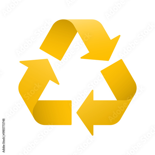 Yellow colored recycle symbol with 3D effect, triangle triple arrow for mixed waste sorting. Vector