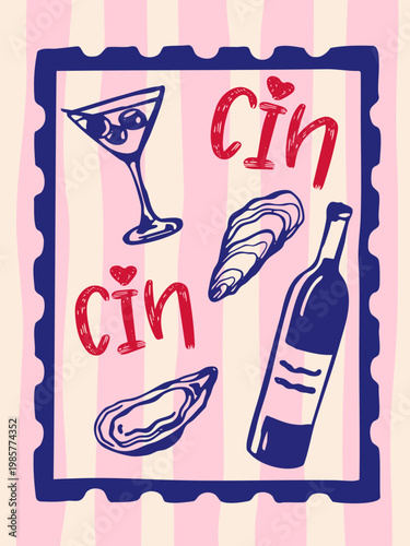 Stylish wine, cocktail and oyster poster for alcohol brands, summer parties and promotional materials.