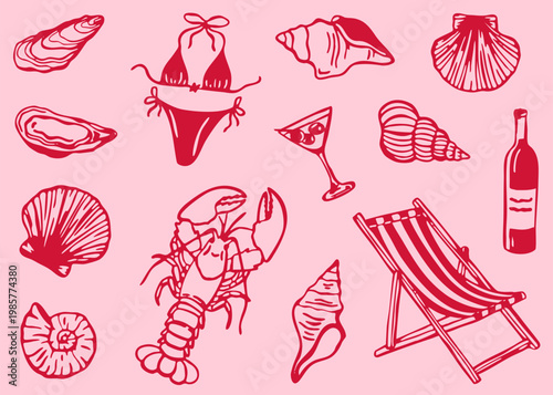 A nautical set featuring lobster, shells, wine, and beach elements. Perfect for restaurant menus, seafood branding, coastal cafes, packaging, and advertising.