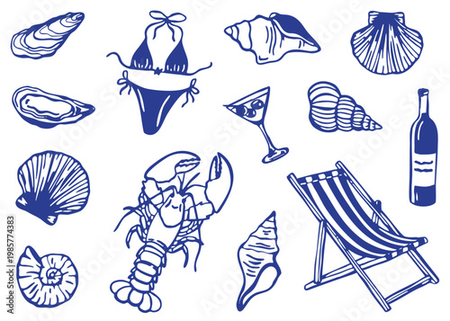 A hand-drawn nautical set featuring lobster, shells, wine, and beach elements. Perfect for restaurant menus, seafood branding, coastal cafes, packaging, and advertising.