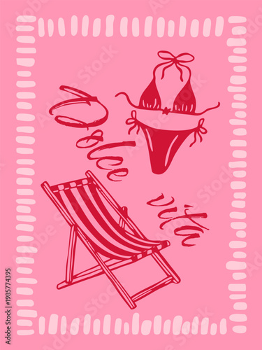 A poster with a summer vacation vibe, including a beach chair and swimsuit. Perfect for travel branding, tourism advertising, and summer design.