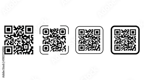 Set of four square QR code icons on white background, representing digital data, scanning, encoding, and mobile connectivity.
