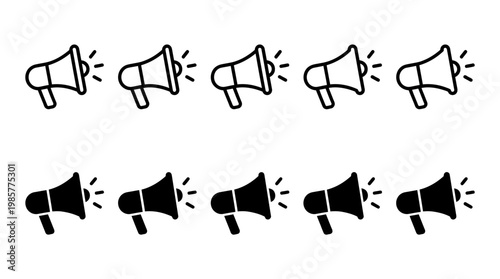 Pattern of outlined and solid megaphone icons in two rows, showcasing communication, announcements, and loudspeaker symbols.