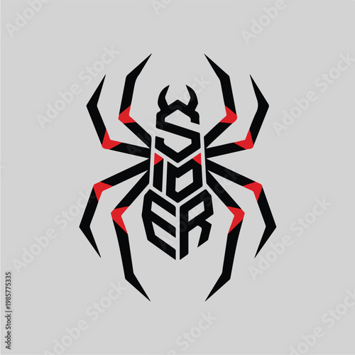 Black and red spider logo.