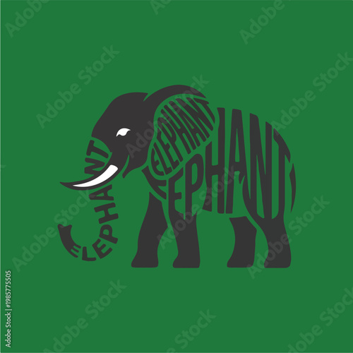 Black Elephant Silhouette Green Background.