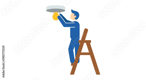 A worker on a ladder is changing a lightbulb in a simple illustration