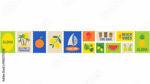 Colorful tropical stamp strip with aloha motifs featuring palm trees, sun, waves, sailboats and fruits in a Hawaii-inspired design