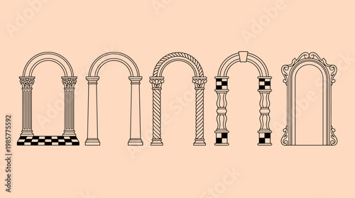 Row of classical stone arches with columned supports showcasing varied arch designs and architectural details