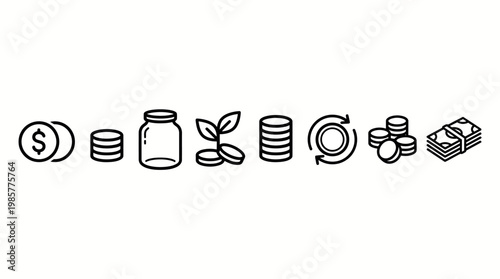 Sequence of finance icons illustrating money, savings, growth, and investment concepts for budgeting and financial planning.