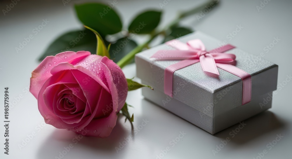 Fototapeta premium Pink rose with stem resting on a small gray gift box tied with a pink ribbon flower petals