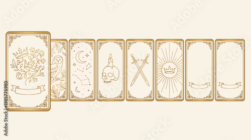 Row of vintage ornate tarot cards with gold detailing on a light beige background.