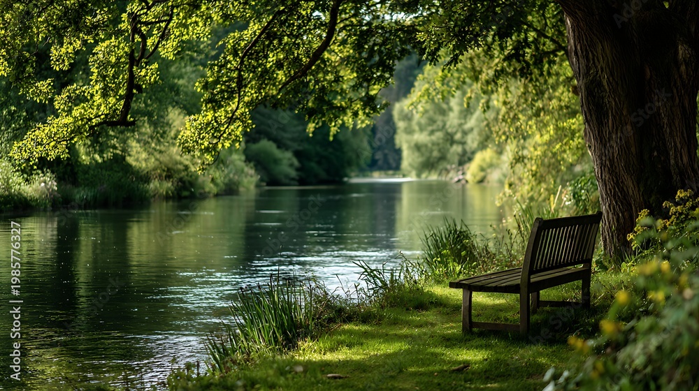 Fototapeta premium Peaceful River Flowing through Park / 公園を流れる穏やかな川