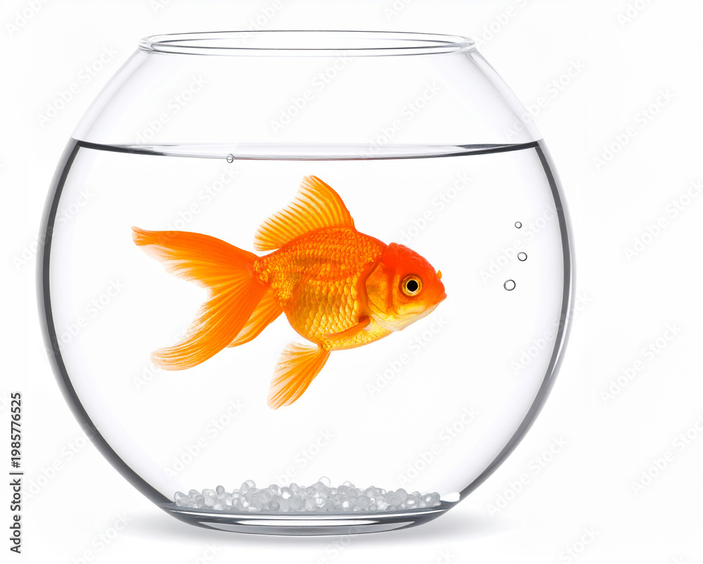 Fototapeta premium Pez naranja nadando en una pecera redonda de cristal transparente con agua limpia sobre fondo blanco, imagen minimalista concepto de aislamiento, rutina y falta de libertad