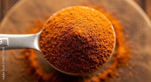 Close up of a metal spoon filled with vibrant red paprika spice.
