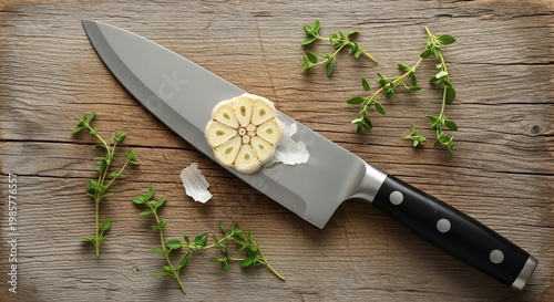A Chefs Knife with Garlic and Thyme on a Wooden Surface.