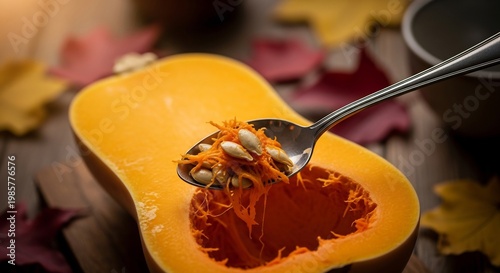 Close-up of a halved butternut squash with a spoon scooping out the seeds and fibrous pulp surrounded by autumn leaves on a wooden surface.