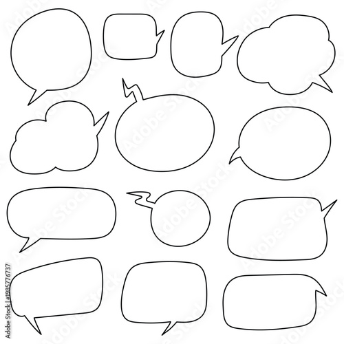 Hand-drawn doodle set of empty speech bubbles on a white background.