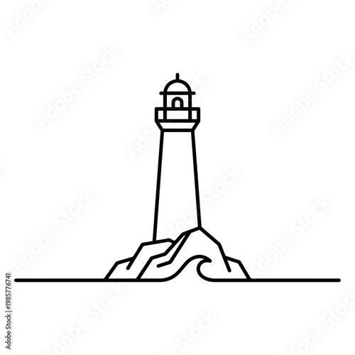 minimal line art illustration of lighthouse on rock by sea representing navigation safety guidance and coastal beacon concept
