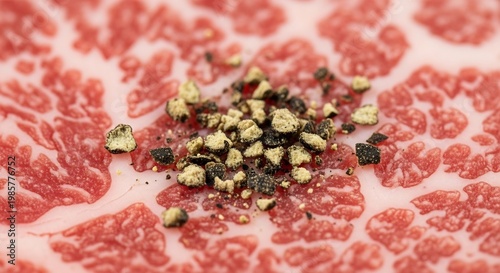 Close-up of Marbled Beef Steak with Coarse Black Pepper Seasoning.