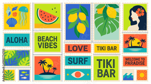 Vibrant tropical postcard collage featuring aloha, beach vibes, surf, tiki bar, palm leaves, and retro summer motifs