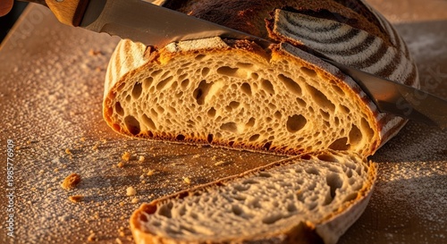 Artisan Sourdough Bread Slice with Golden Crust and Open Crumb Texture.