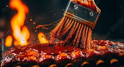 Close-up of BBQ Ribs Being Brushed with Sauce Over Flames.