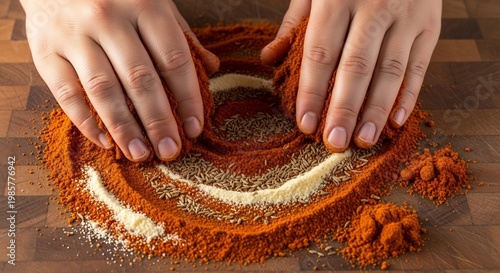 Hands mixing colorful spices on a wooden surface for cooking.