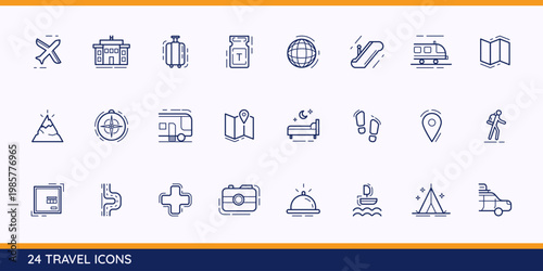 Set of icons for traveling and destination, symbols for activity and recreation, pictograms for tourists. Vector graphic design elements.