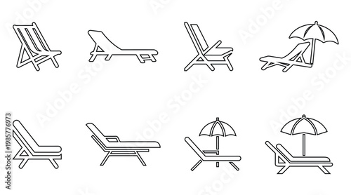 Sunbed vector line icon, sunbathing beach chair symbol, beach umbrella and lounge chair vector outline icon illustration