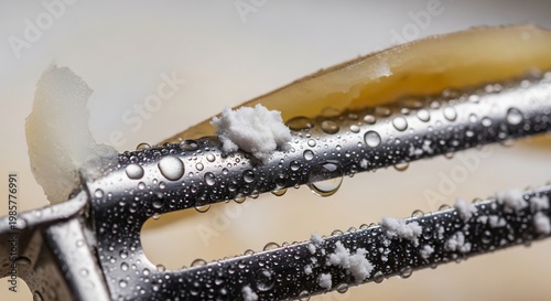 Close-up of a metal vegetable peeler with water droplets and potato peelings.
