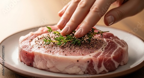 Seasoning a Raw Pork Chop with Herbs and Pepper Before Cooking.