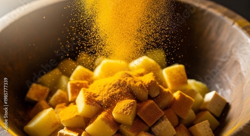 Turmeric Powder Being Sprinkled on Diced Vegetables in a Wooden Bowl.