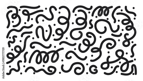 Doodle curved lines set. Minimalist hand drawn children wavy shapes. Simple childish scribble backdrop. Black elements isolated on white background